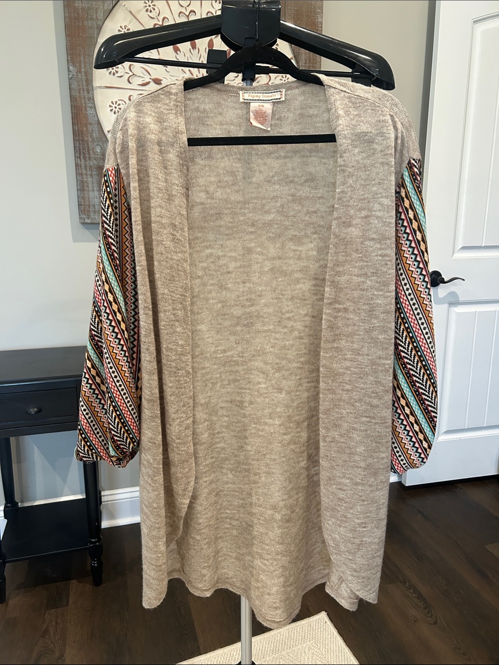 Flying Tomato Woman’s Beige Open-Front Cardigan with Patterned Sleeves size S/M
